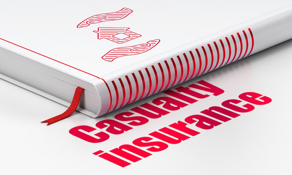 Insurance concept: closed book with Red House And Palm icon and text Casualty Insurance on floor, white background, 3D rendering