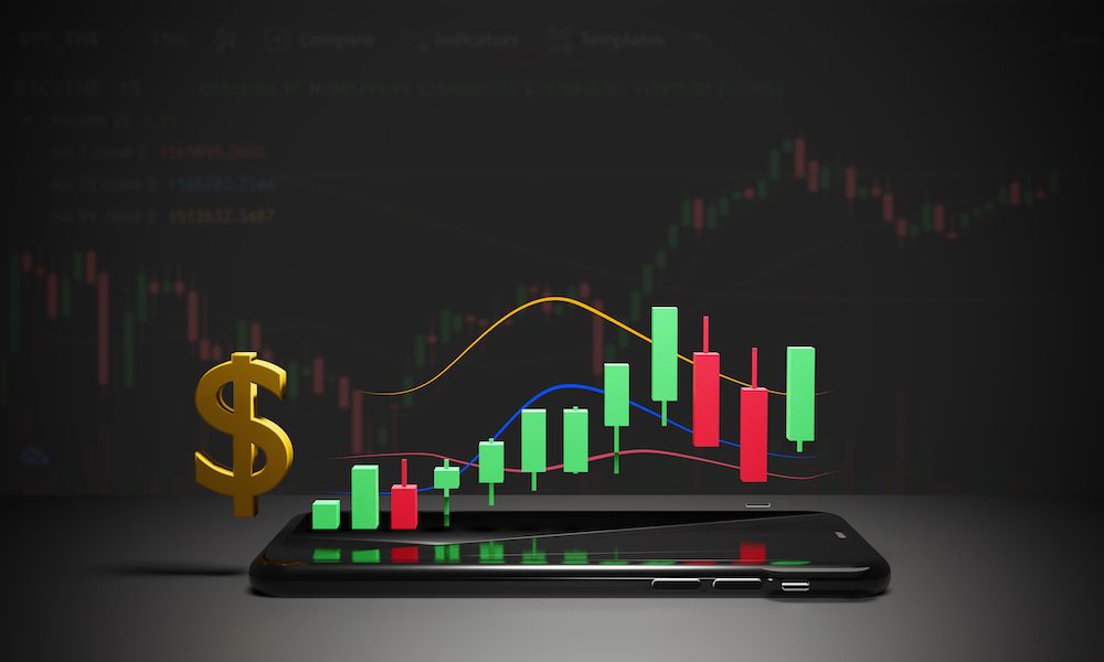 Stock market or exchange trading graph on phone with money symbol financial investment ideas use as background 3D rendering